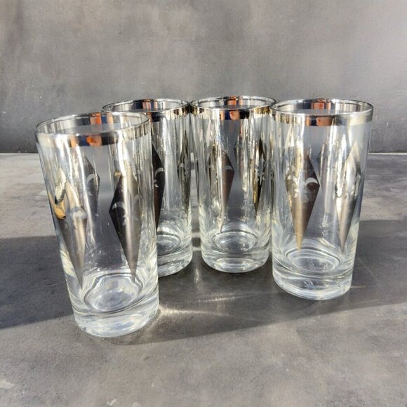 Dorothy Thorpe Silver Harlequin Diamond Fleur de Lis Glasses Highball Barware 4 - Picture 2 of 16